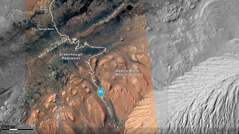 The Curiosity Rover's route on Mars. Pic: NASA