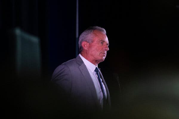 Robert F. Kennedy Jr. on a stage at an event in Aurora, Colo., in May.