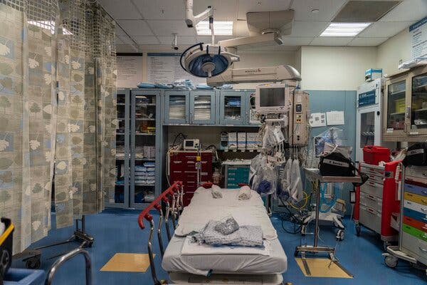 A view of an empty emergency room in a hospital.