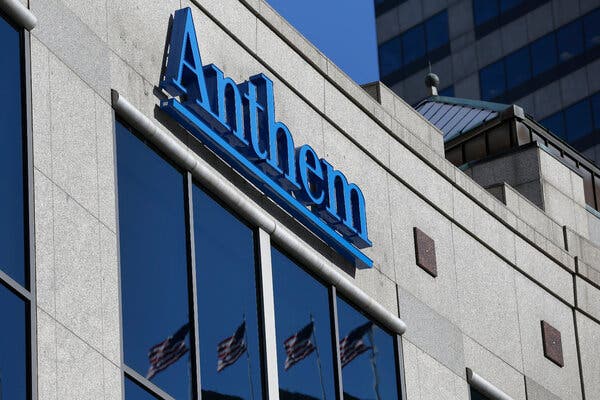 The blue logo of Anthem hangs outside its corporate headquarters.