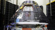 NASA's Orion crew capsule, expected to carry four astronauts around the Moon and back to Earth on the Artemis II mission, is shown as preparation for launch continues at the Kennedy Space Center in Cape Canaveral, Florida, U.S., August 8, 2023. REUTERS/Joe Skipper