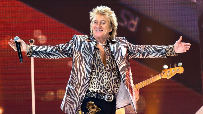 Rod Stewart gestures onstage at the Royal Arena during his "One Last Time" concert in Copenhagen, on Sunday, June 9, 2024. (Torben Christensen/Ritzau Scanpix via AP)