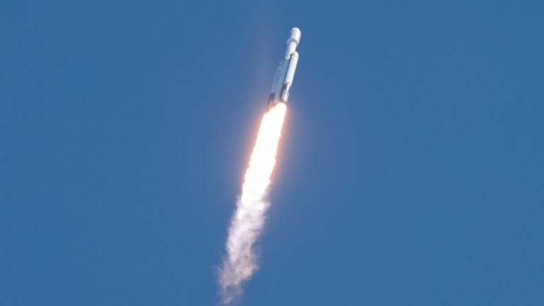 A SpaceX Falcon Heavy rocket lifts off for the Europa Clipper mission to study one of Jupiter's 95 moons, at Kennedy Space Center in Cape Canaveral, Florida, U.S. October 14, 2024. REUTERS/Joe Skipper