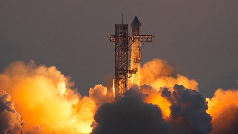 The Starship lifted off from Boca Chica in Texas. Pic: AP