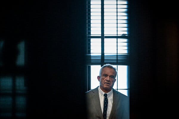 A distant view of Robert F. Kennedy Jr. seen through an opening between two large doors.