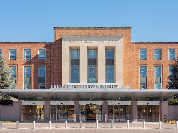 Glass doors at the sprawling entrance to the Food and Drug Administration’s headquarters in Silver Spring, Md.